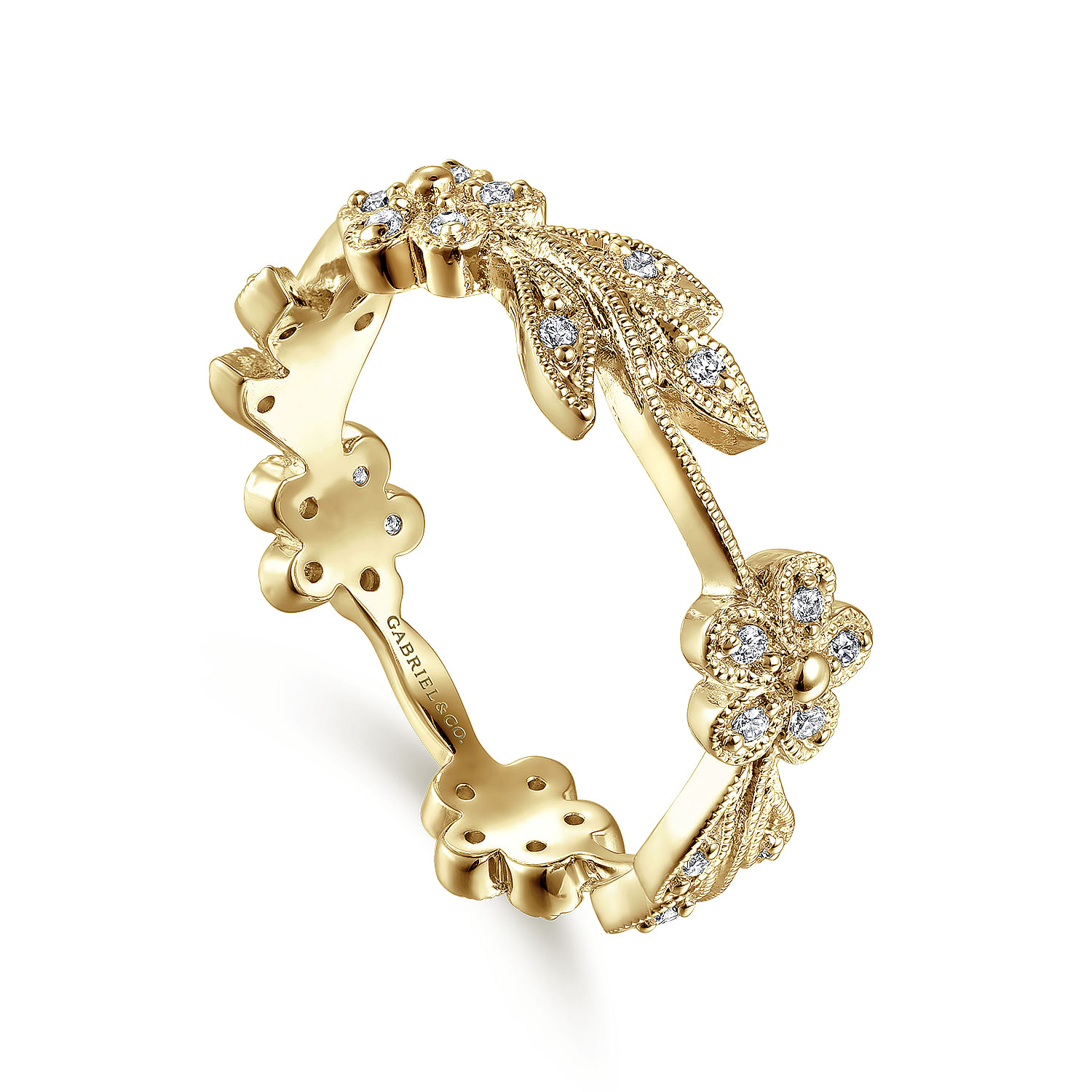 14K Yellow Gold Diamond Floral Contoured Stackable Ring