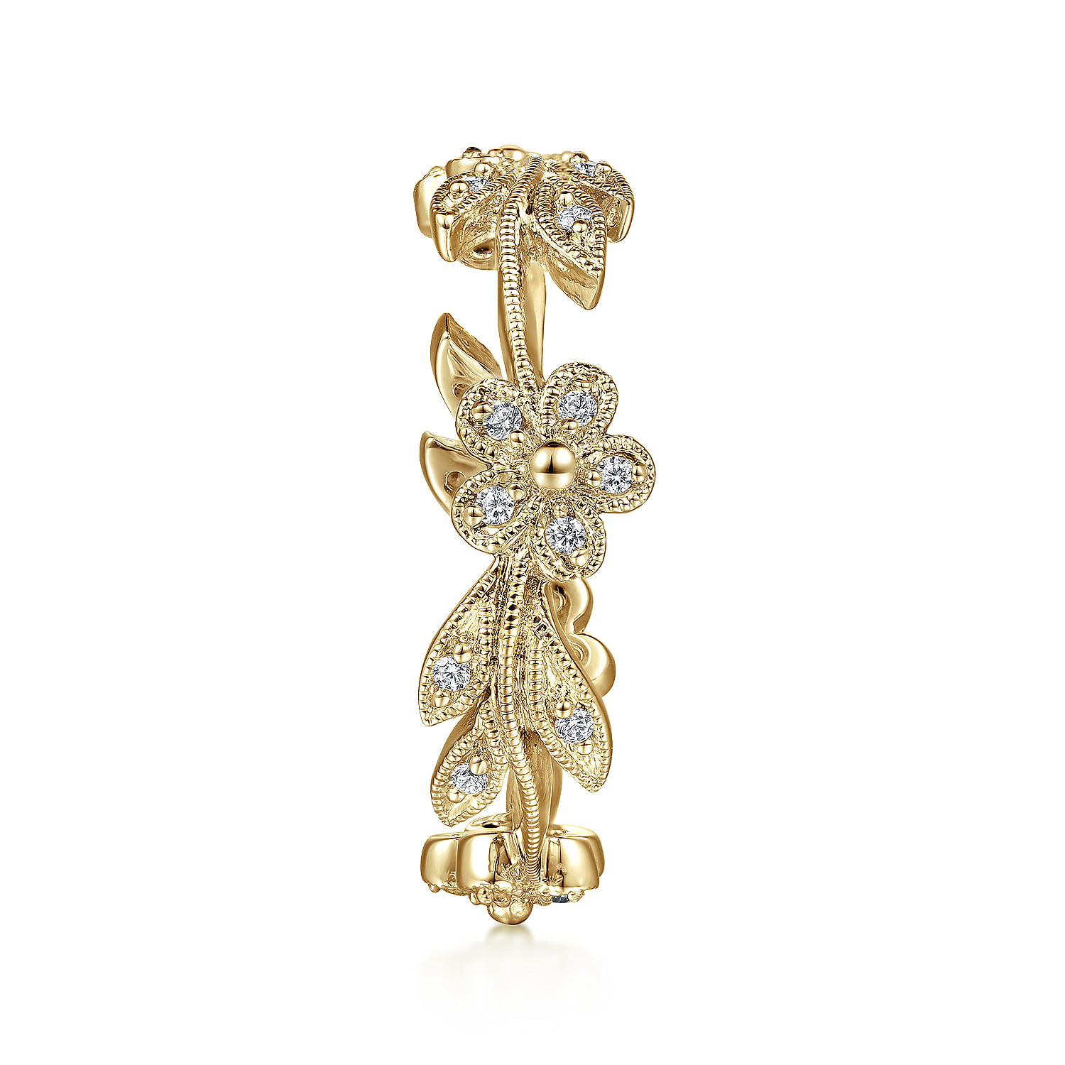 14K Yellow Gold Diamond Floral Contoured Stackable Ring
