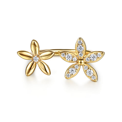 14K Yellow Gold Diamond Floral Open Ring