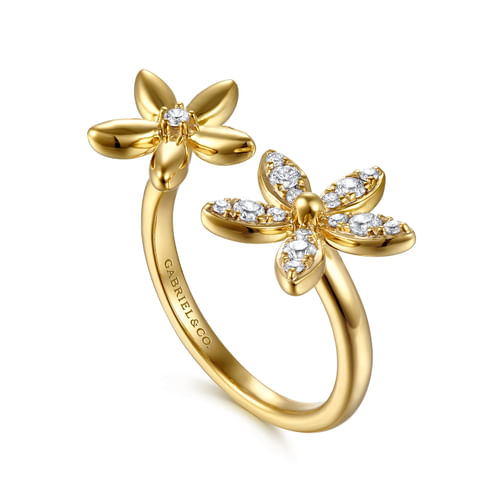 14K Yellow Gold Diamond Floral Open Ring