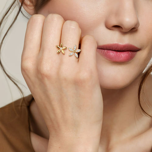 14K Yellow Gold Diamond Floral Open Ring