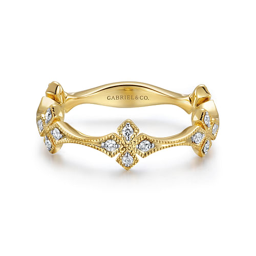 14K Yellow Gold Diamond Floral Station Stackable Ring