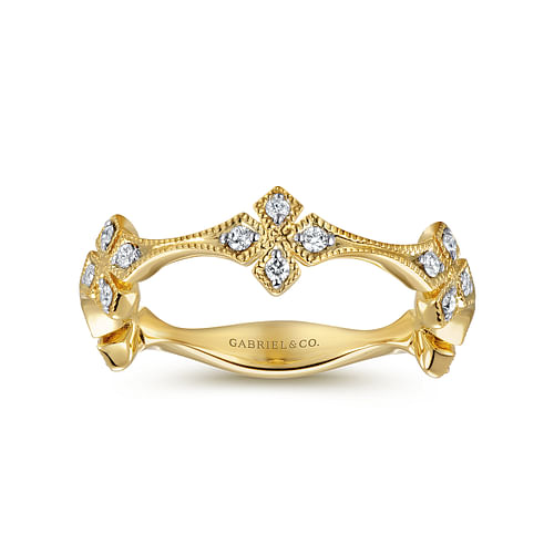 14K Yellow Gold Diamond Floral Station Stackable Ring