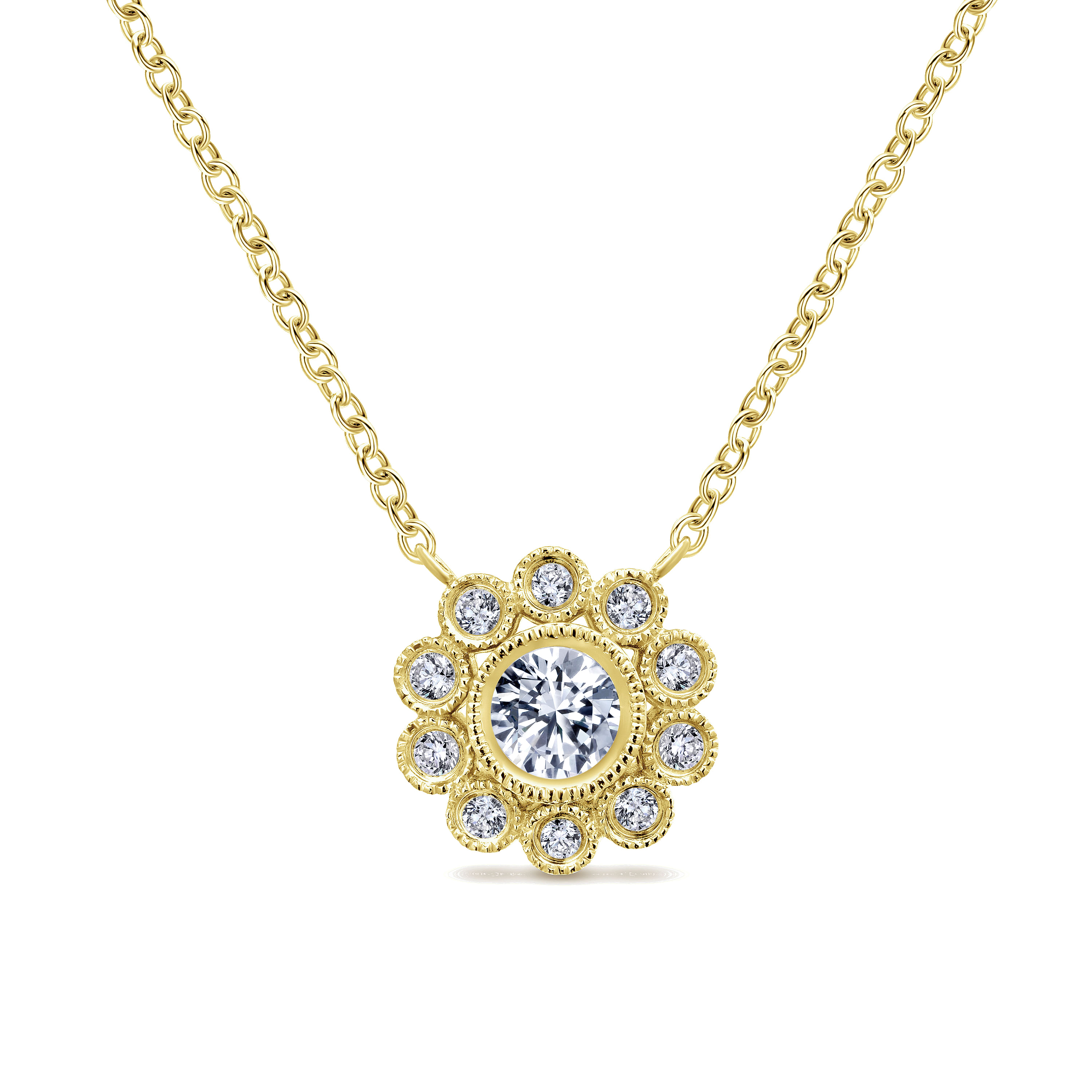 14K Yellow Gold Diamond Flower Pendant Necklace
