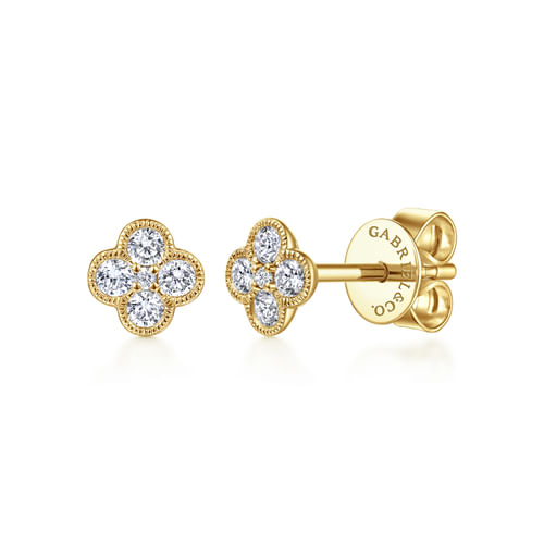 14K Yellow Gold Diamond Flower Stud Earrings