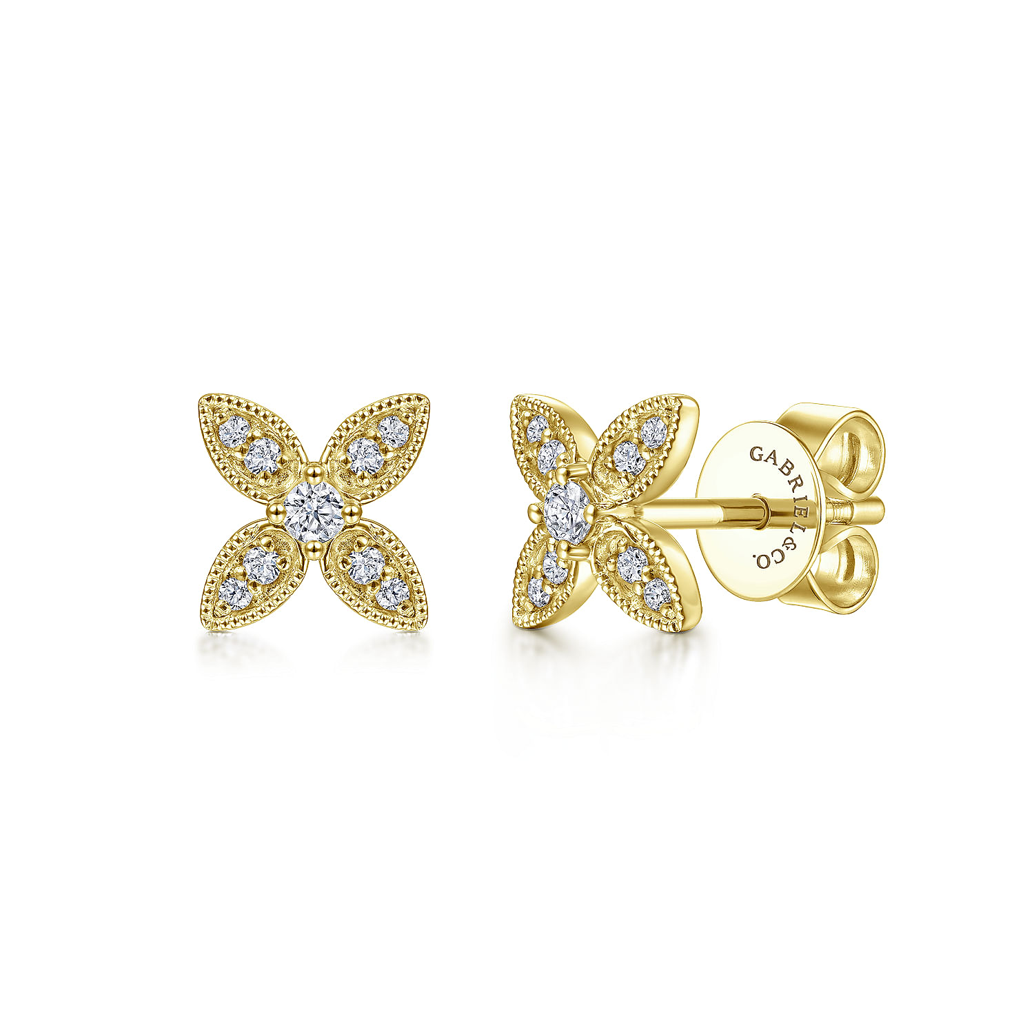14K Yellow Gold Diamond Flower Stud Earrings