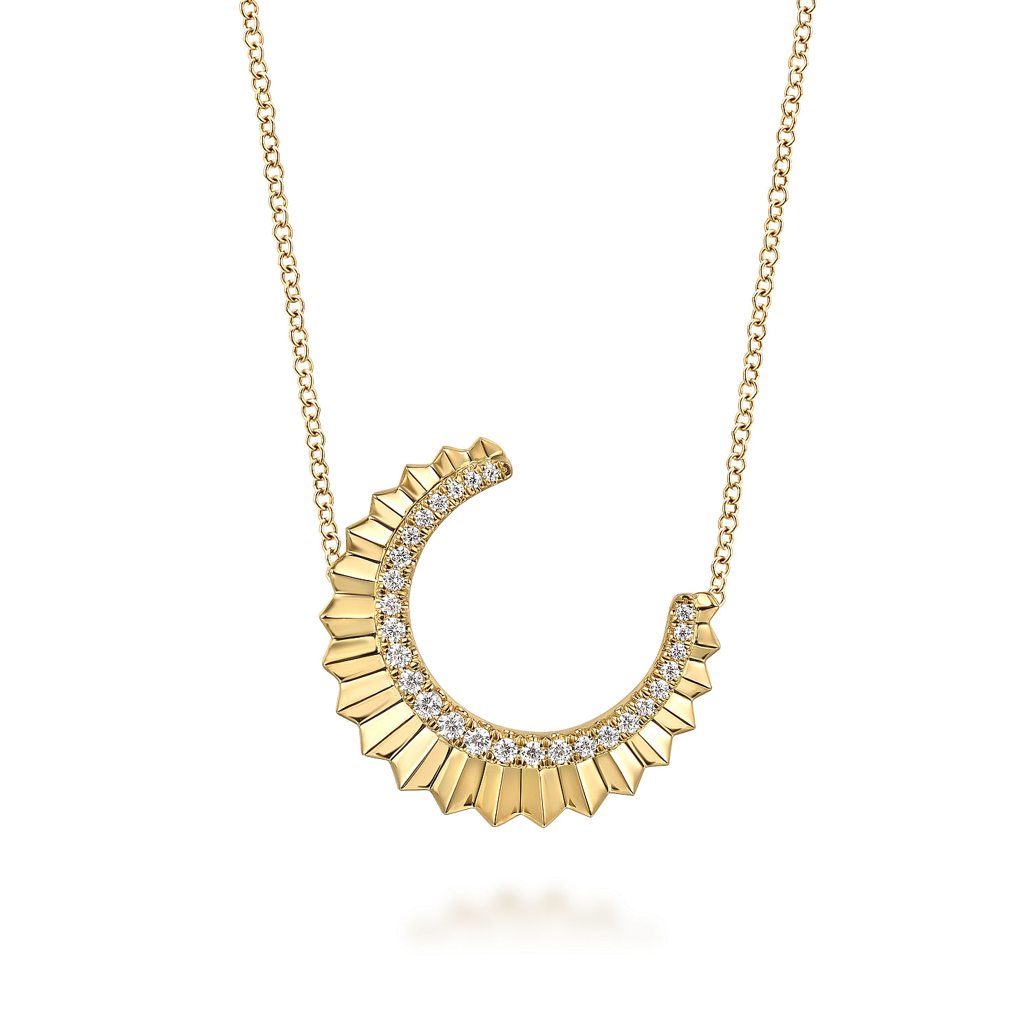 14K Yellow Gold Diamond Half Moon Diamond Cut  Pendant Necklace