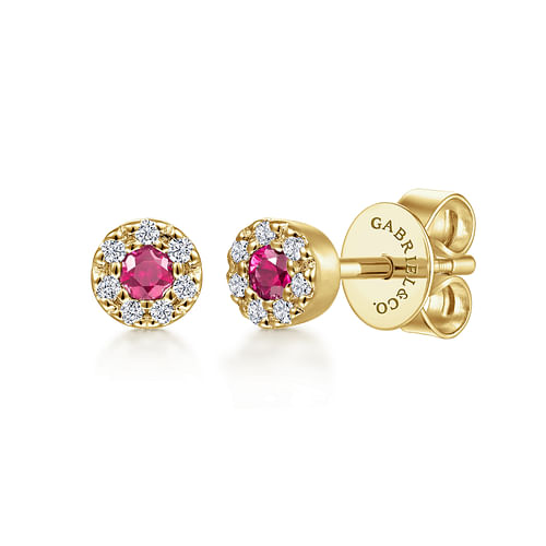 14K Yellow Gold Diamond Halo Ruby Stud Earrings