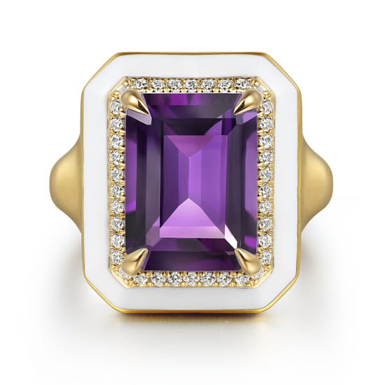 Gabriel - 14K Yellow Gold Diamond Halo and Amethyst Cocktail Ring with White Enamel