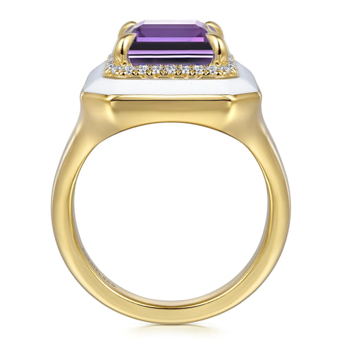 14K Yellow Gold Diamond Halo and Amethyst Cocktail Ring with White Enamel