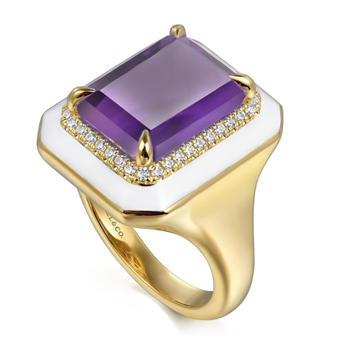 14K Yellow Gold Diamond Halo and Amethyst Cocktail Ring with White Enamel