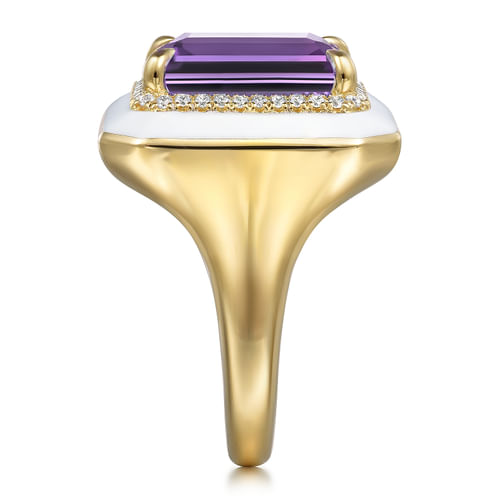 14K Yellow Gold Diamond Halo and Amethyst Cocktail Ring with White Enamel