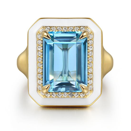 Gabriel - 14K Yellow Gold Diamond Halo and Blue Topaz Cocktail Ring with White Enamel