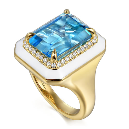 14K Yellow Gold Diamond Halo and Blue Topaz Cocktail Ring with White Enamel