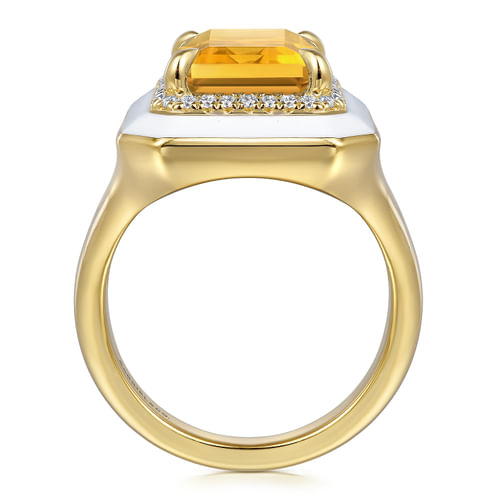 14K Yellow Gold Diamond Halo and Citrine Cocktail Ring with White Enamel
