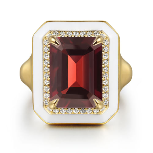 14K Yellow Gold Diamond Halo and Garnet Cocktail Ring with White Enamel