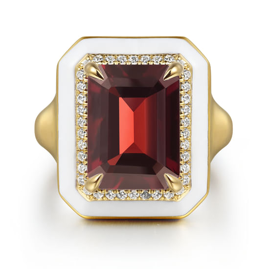 Gabriel - 14K Yellow Gold Diamond Halo and Garnet Cocktail Ring with White Enamel