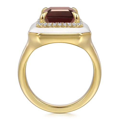 14K Yellow Gold Diamond Halo and Garnet Cocktail Ring with White Enamel