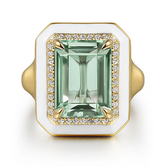Gabriel - 14K Yellow Gold Diamond Halo and Green Amethyst Cocktail Ring with White Enamel