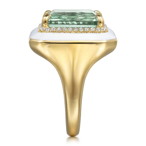 14K Yellow Gold Diamond Halo and Green Amethyst Cocktail Ring with White Enamel