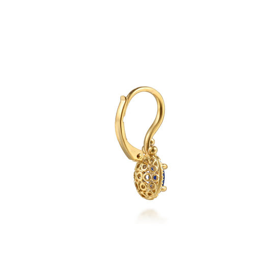 14K Yellow Gold Diamond Halo and Oval Blue Sapphire Leverback Earrings angle 2