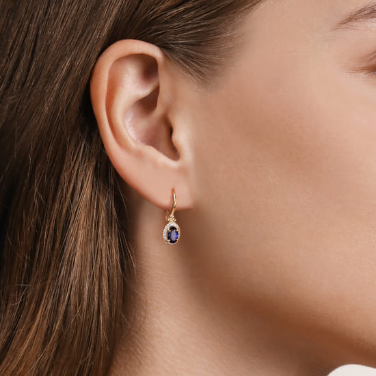 14K Yellow Gold Diamond Halo and Oval Blue Sapphire Leverback Earrings angle 3
