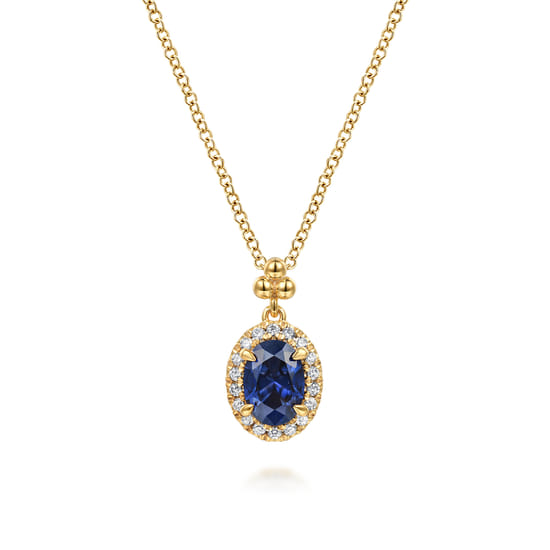 Gabriel - 14K Yellow Gold Diamond Halo and Oval Blue Sapphire Pendant Necklace