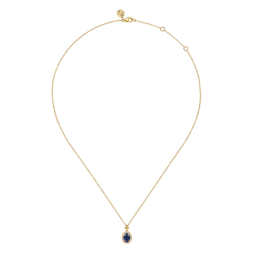 14K Yellow Gold Diamond Halo and Oval Blue Sapphire Pendant Necklace