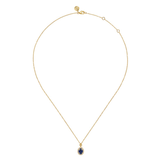 14K Yellow Gold Diamond Halo and Oval Blue Sapphire Pendant Necklace angle 2
