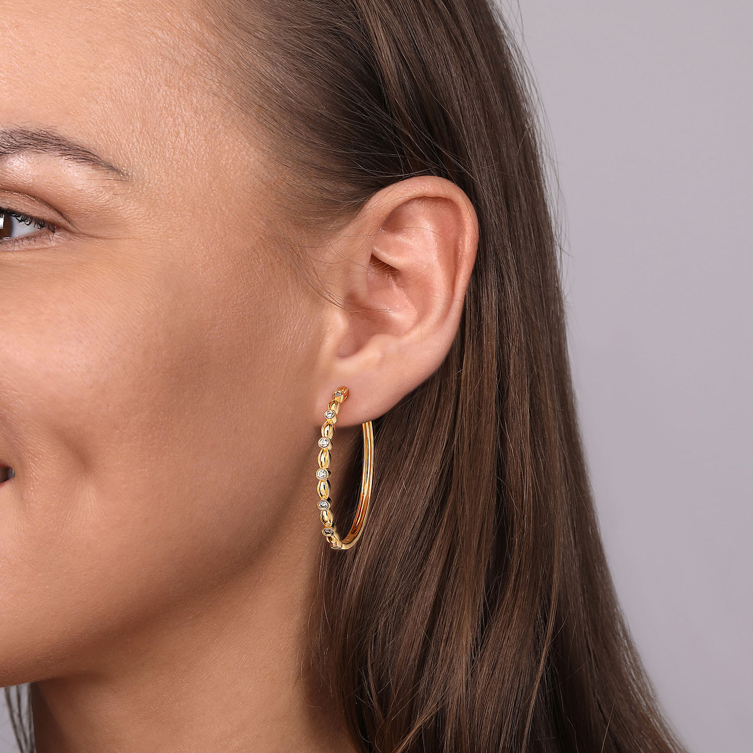 14K Yellow Gold Diamond Hoop Earrings in size 40mm