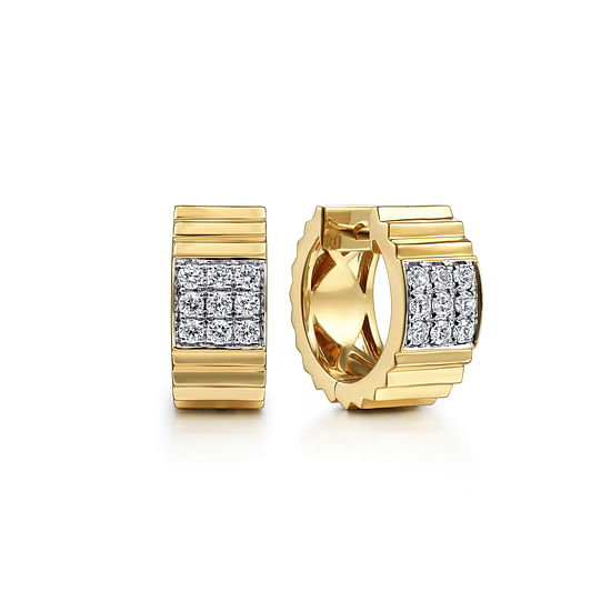 Gabriel - 14K Yellow Gold Diamond Huggie in size 15 mm With Diamond Cut Texture