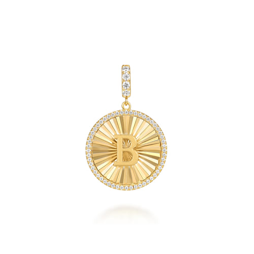 14K Yellow Gold Diamond Initial B Medallion Pendant With Detachable Bail