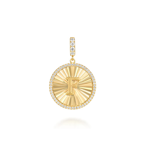 14K Yellow Gold Diamond Initial F Medallion Pendant With Detachable Bail
