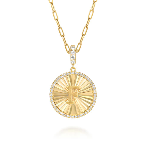 14K Yellow Gold Diamond Initial F Medallion Pendant With Detachable Bail