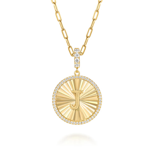 14K Yellow Gold Diamond Initial J Medallion Pendant With Detachable Bail