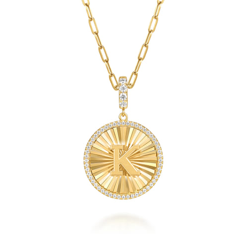14K Yellow Gold Diamond Initial K Medallion Pendant With Detachable Bail