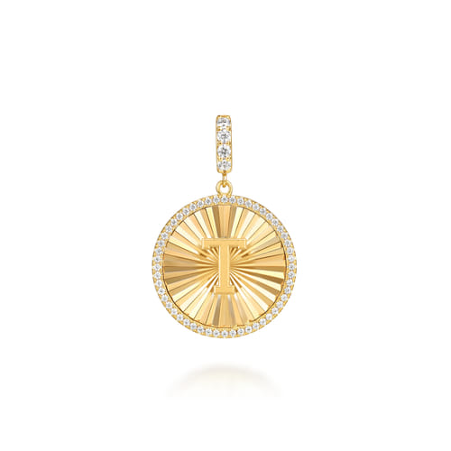 14K Yellow Gold Diamond Initial T Medallion Pendant With Detachable Bail
