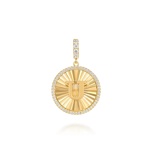 14K Yellow Gold Diamond Initial U Medallion Pendant With Detachable Bail