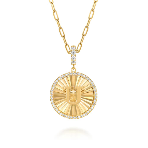 14K Yellow Gold Diamond Initial U Medallion Pendant With Detachable Bail
