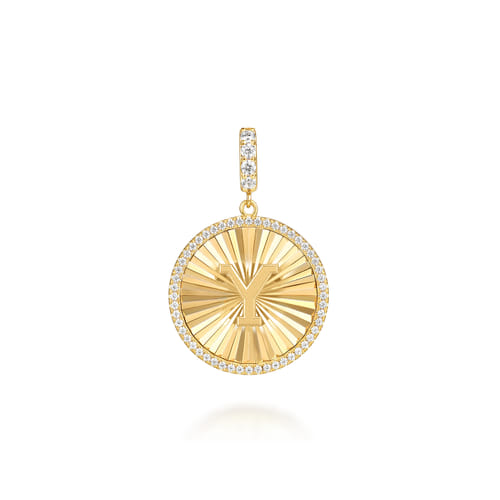 14K Yellow Gold Diamond Initial Y Medallion Pendant With Detachable Bail