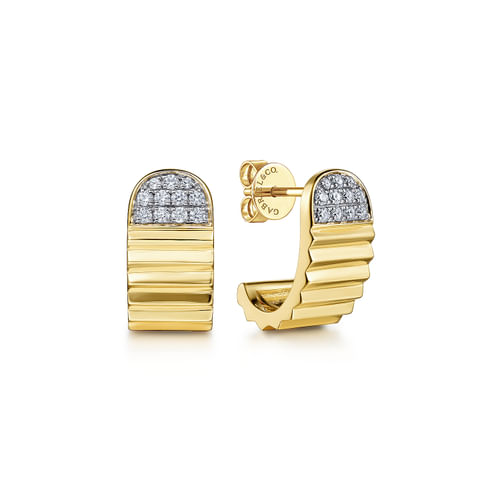 14K Yellow Gold Diamond J Stud in size 15mm With J-Back and Diamond Cut Texture