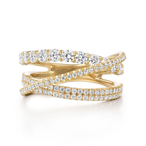 14K Yellow Gold Diamond Layered Criss Cross Ring 