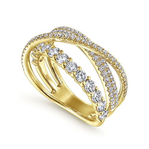 14K Yellow Gold Diamond Layered Criss Cross Ring 