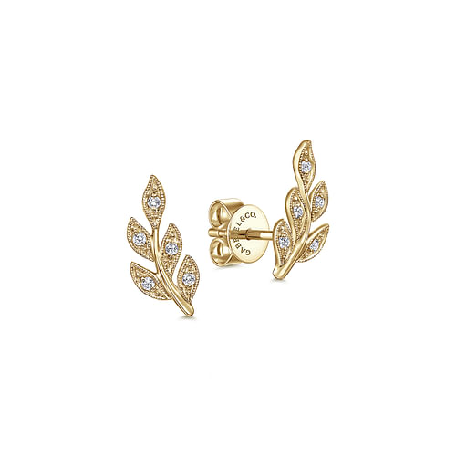 14K Yellow Gold Diamond Leaf Stud Earrings