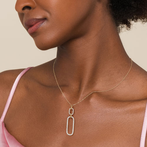 14K Yellow Gold Diamond Link Chain Drop Pendant Necklace