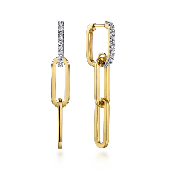 14K Yellow Gold Diamond Link Hollow Chain Drop Earrings