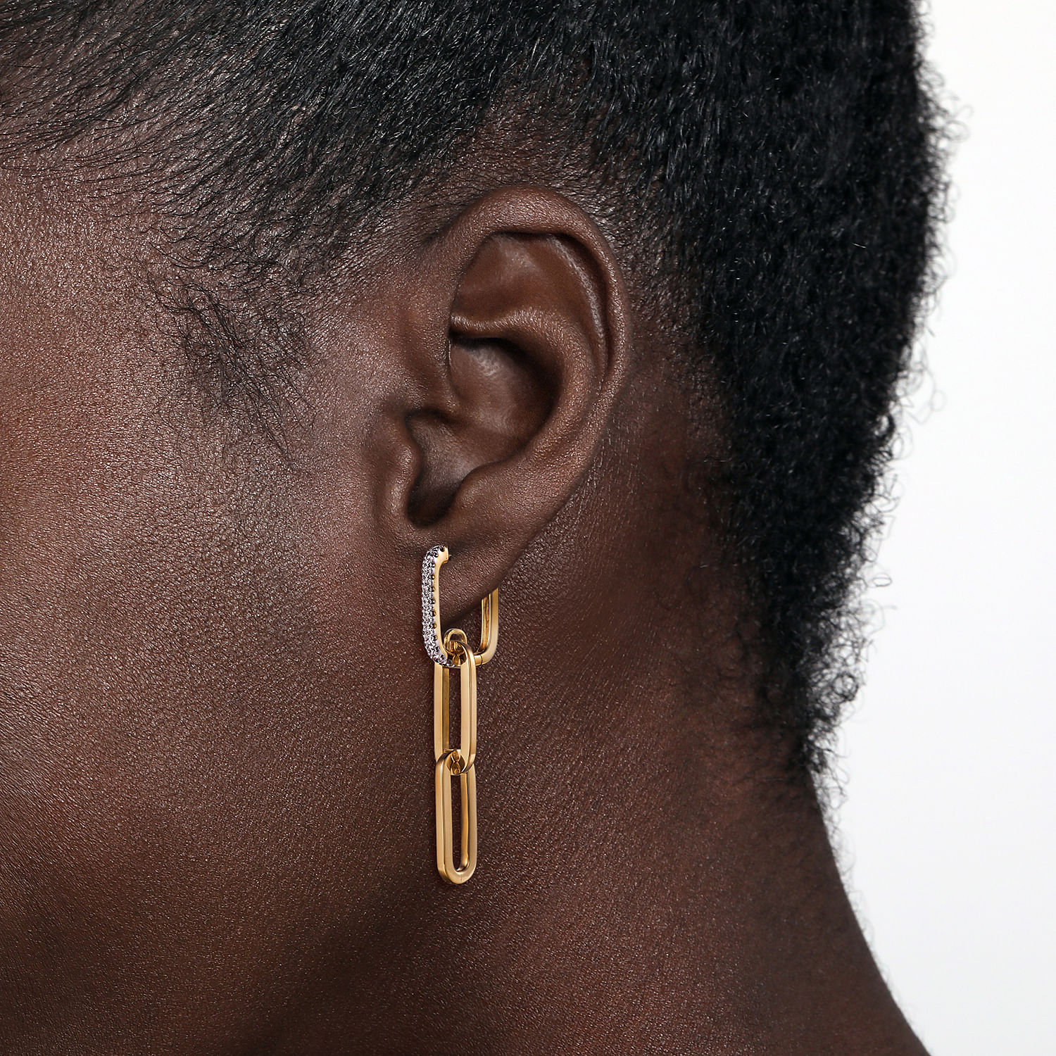 14K Yellow Gold Diamond Link Hollow Chain Drop Earrings