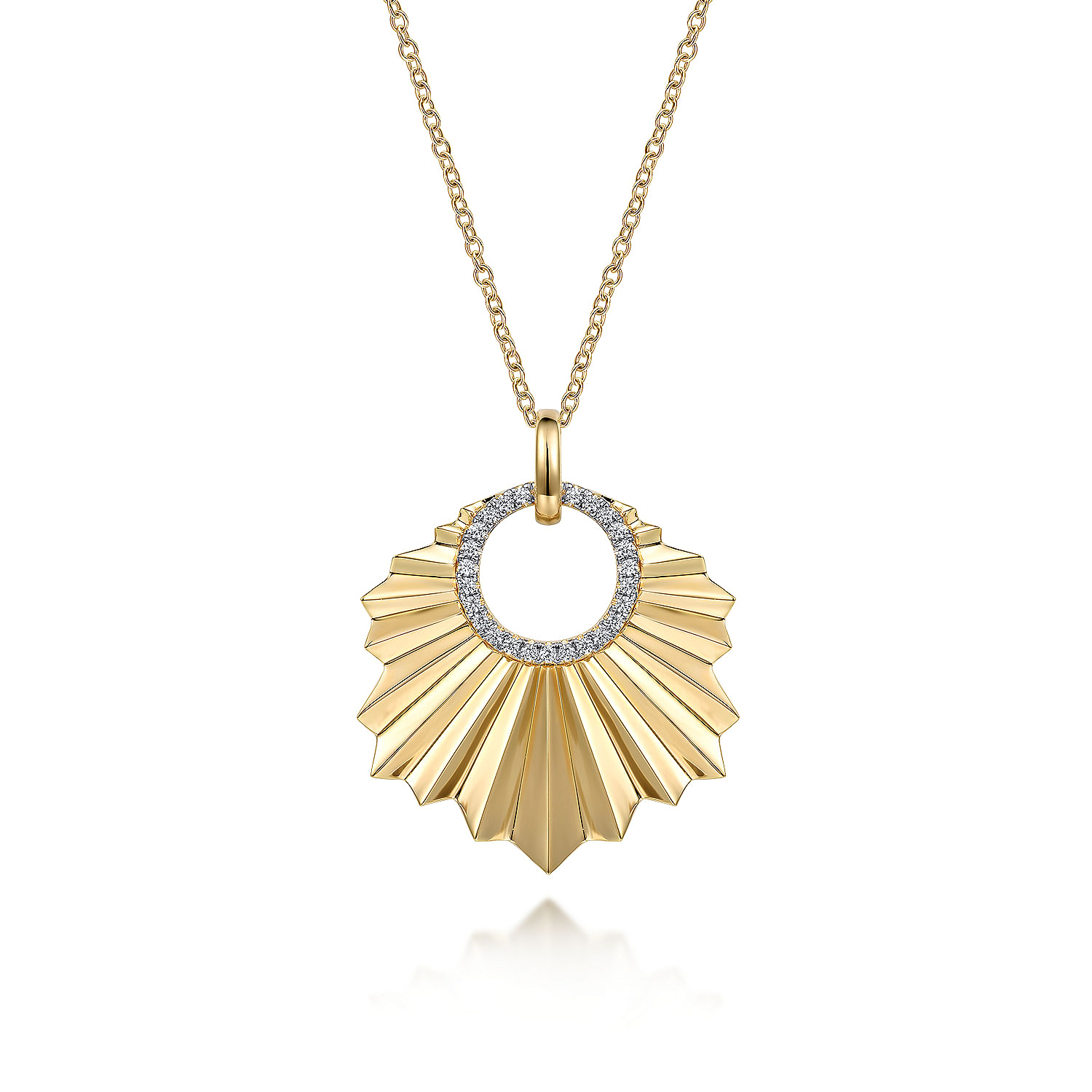 14K Yellow Gold Diamond Necklace With Diamond Cut Texture In Leaf Shape 