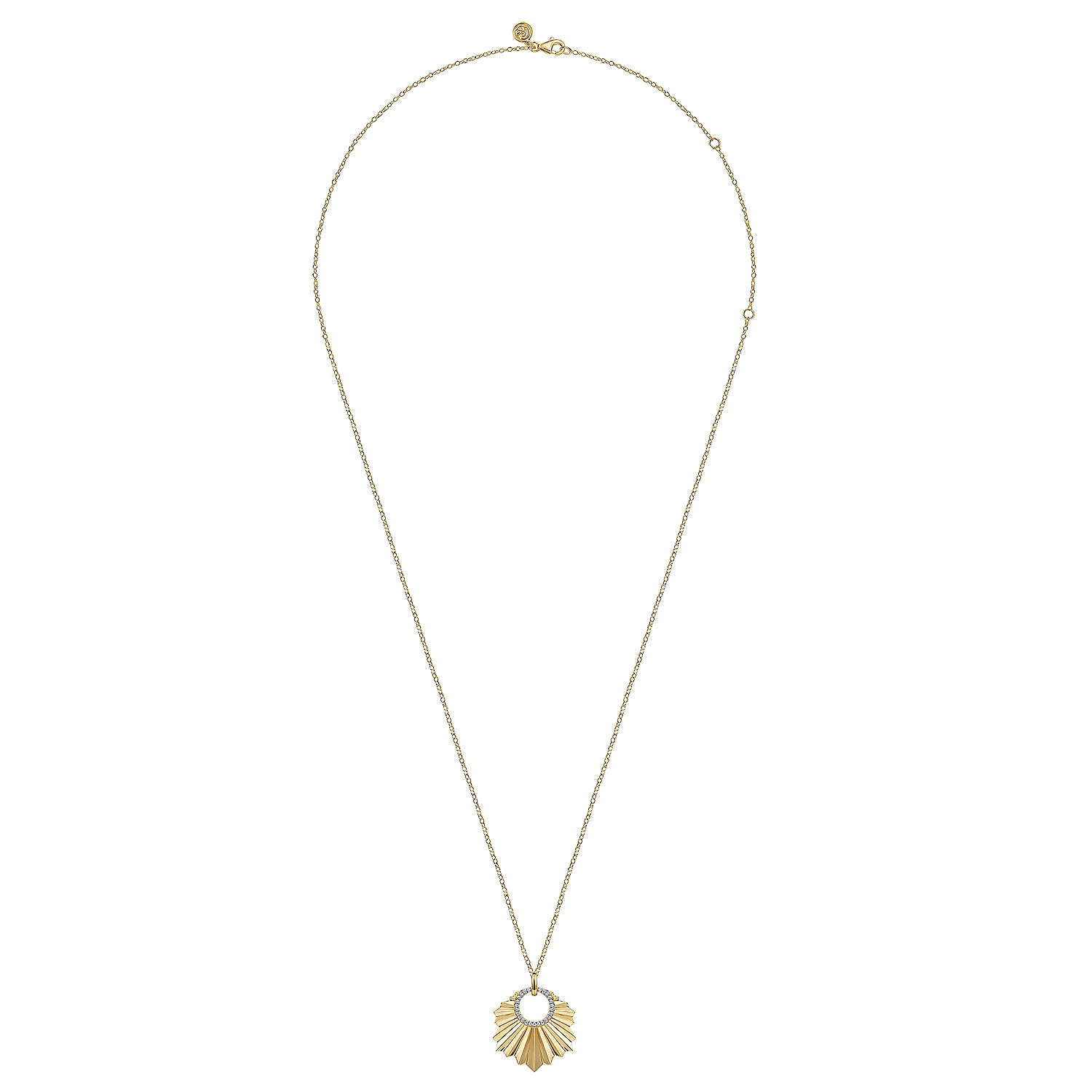 14K Yellow Gold Diamond Necklace With Diamond Cut Texture In Leaf Shape 