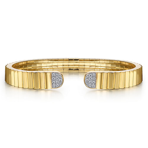 14K Yellow Gold Diamond Open Cuff Bangle in Diamond Cut Texture